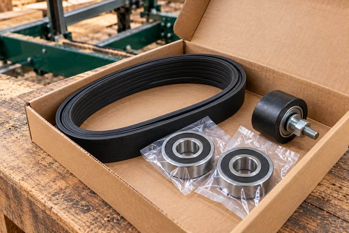 Open parts box with a bandwheel belt, two sealed bearings and a blade guide roller