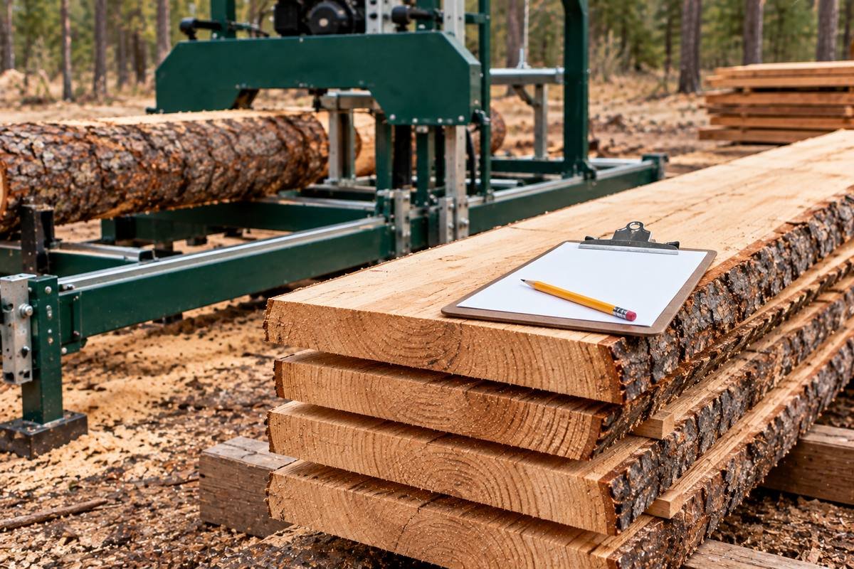 Freshly sawn boards with a blank clipboard and pencil beside a portable band sawmill