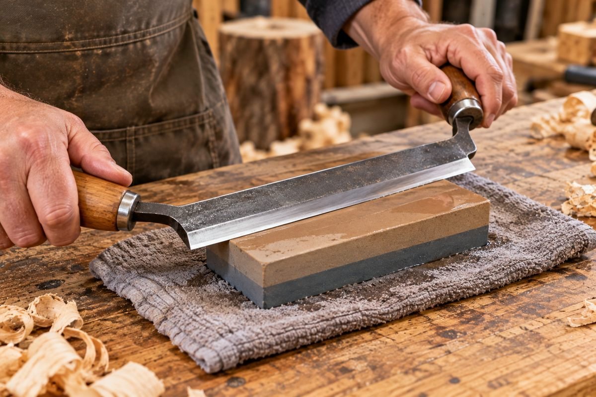 Sharpening a drawknife bevel on a two-sided combination whetstone set on a damp towel