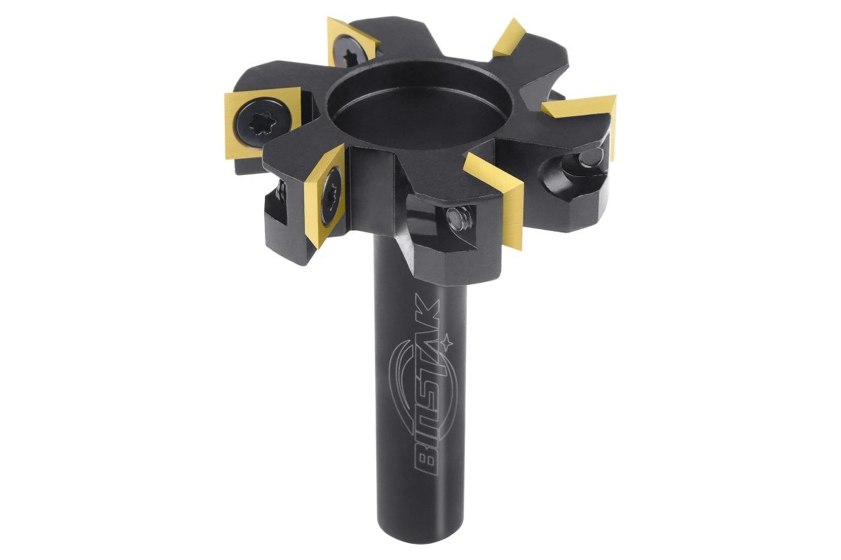 Carbide insert surfacing router bit with a 1/2 inch shank, used to flatten wood slabs on a router sled