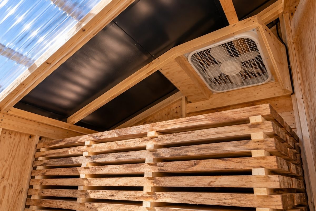 Inside a solar kiln, a black absorber panel under the clear roof and a box fan above the lumber stack