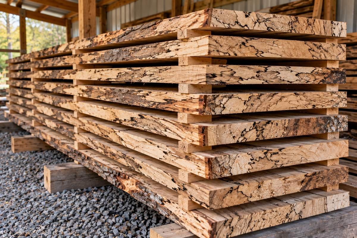 Spalted maple boards stacked with stickers between each layer to air dry in an open shed