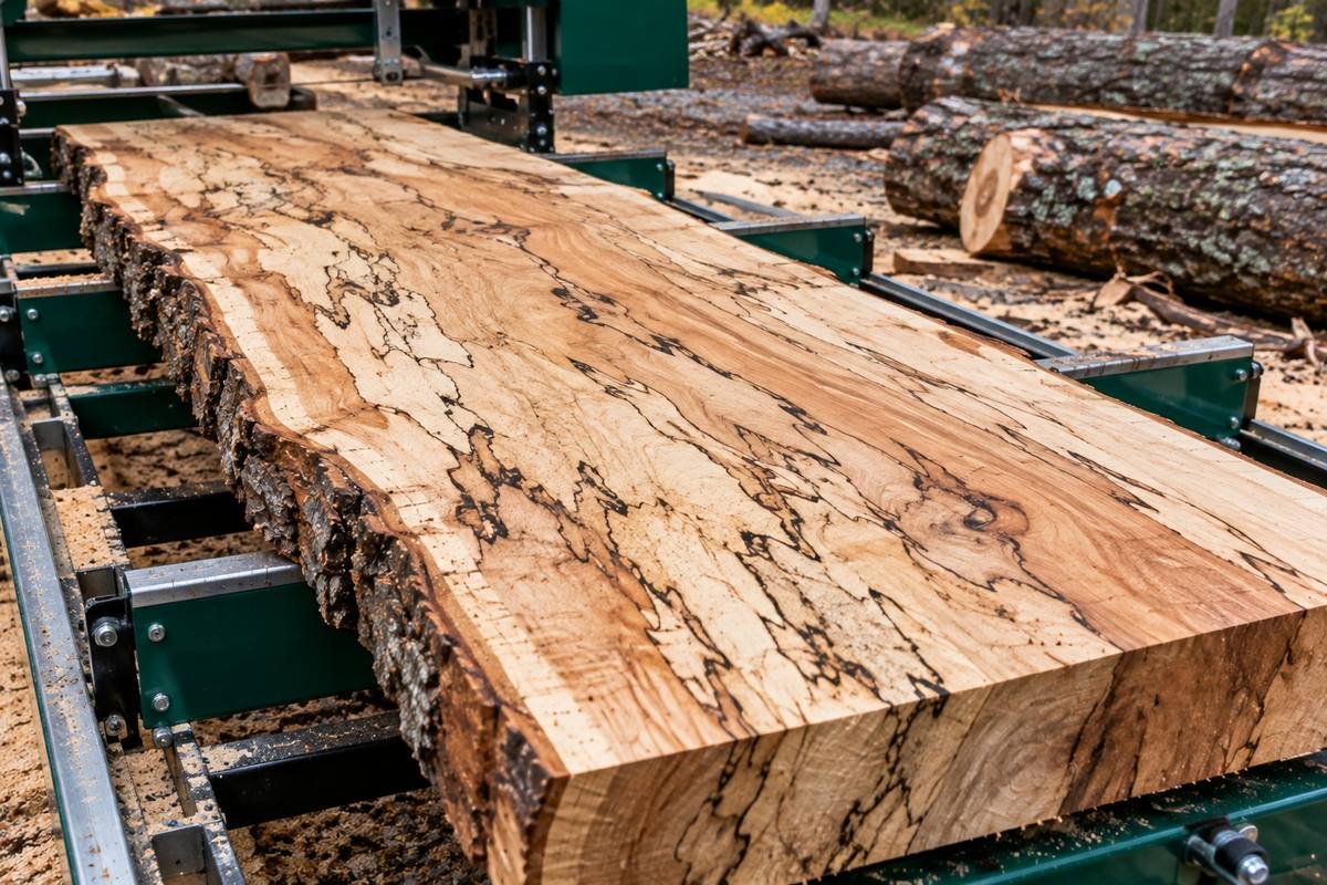 Freshly sawn spalted maple slab on a portable sawmill bed showing dark zone lines