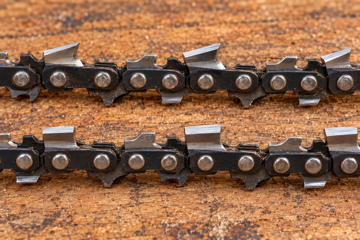 Standard chainsaw chain with angled cutter tops above a ripping chain with cutters filed nearly straight across