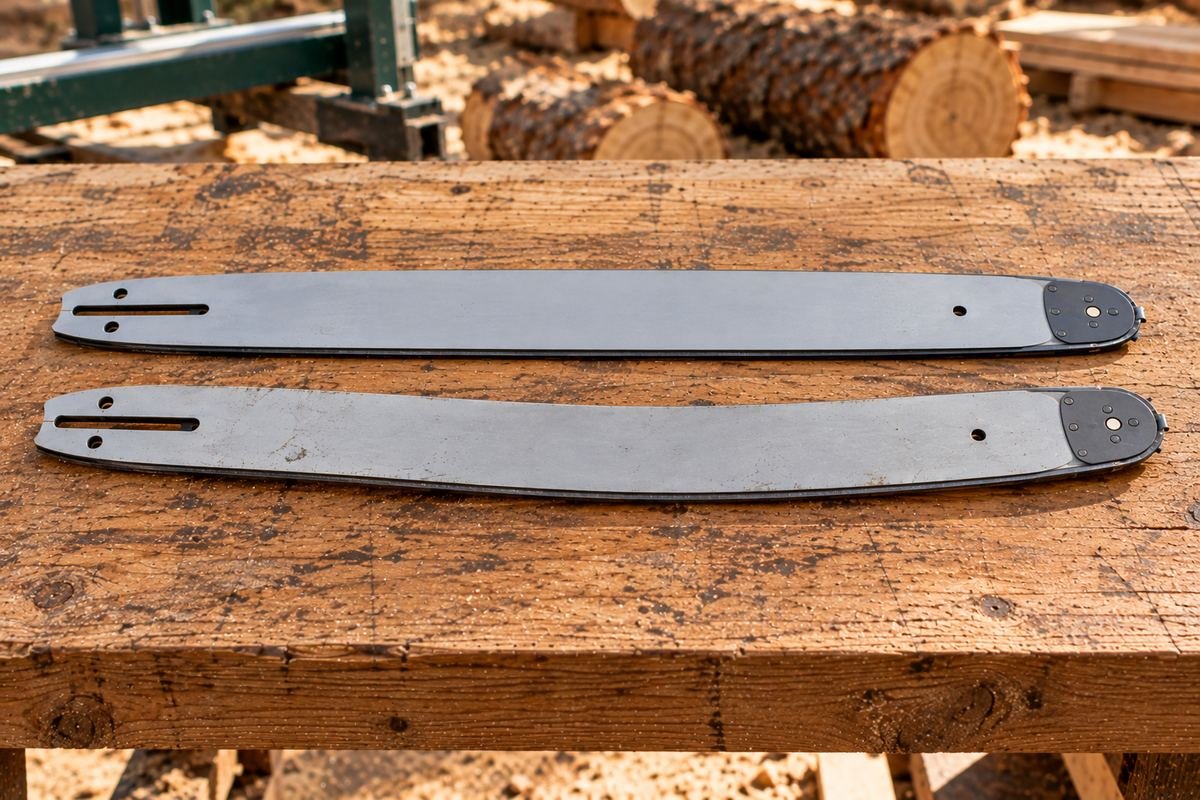 A straight chainsaw guide bar next to a bent one on a workbench, the kind of damage long milling cuts can cause
