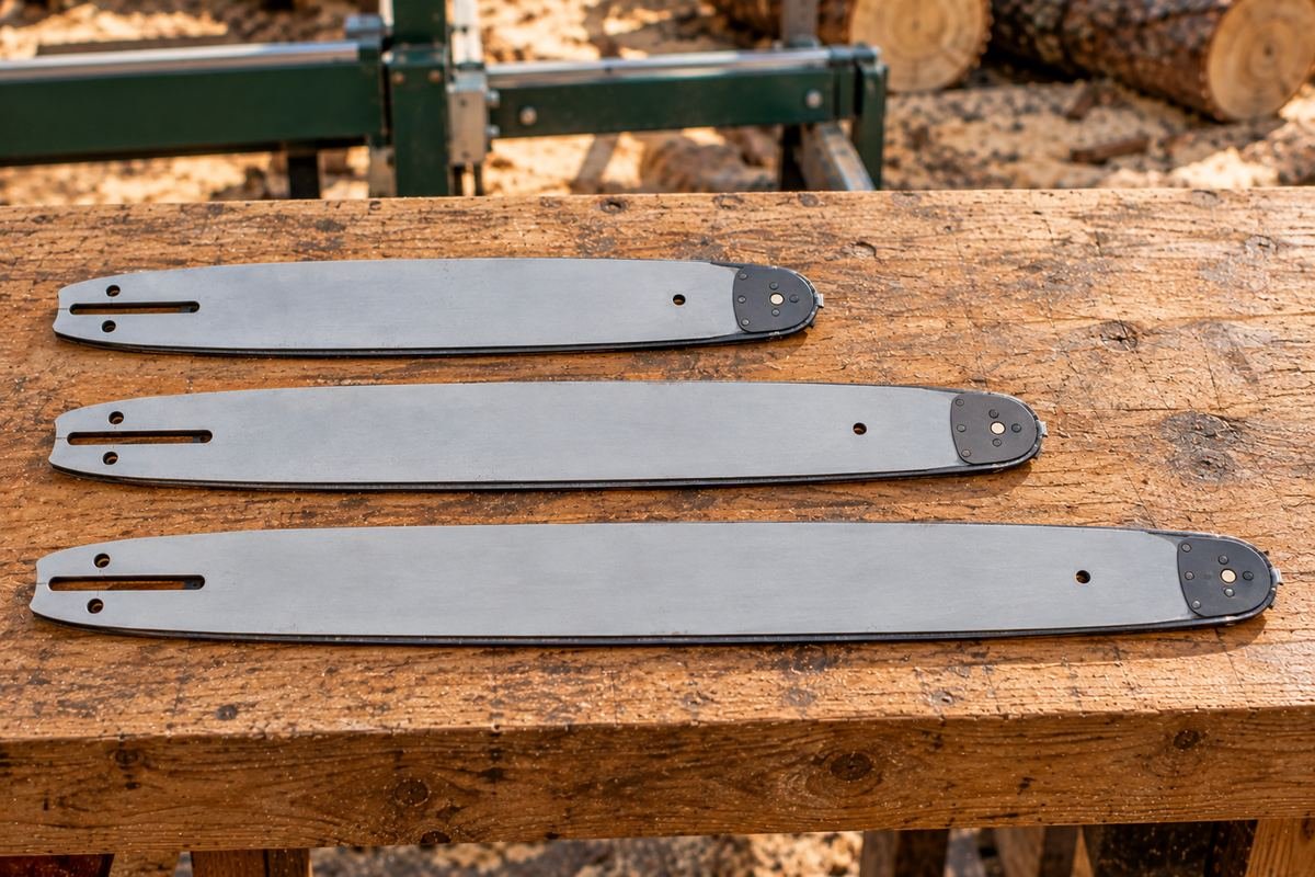 Three chainsaw guide bars of different lengths laid side by side, shortest to longest