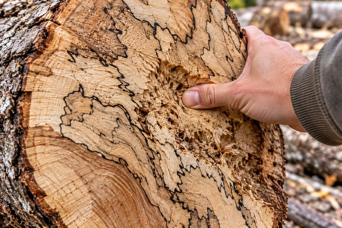 Thumb pressing into a soft punky spot on the end of a spalted log to test whether the wood is still sound