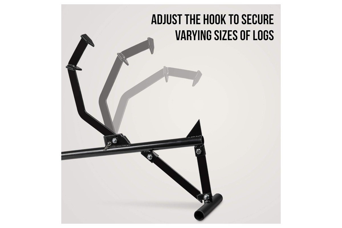 Timberjack log lifter showing its adjustable hook for different log sizes