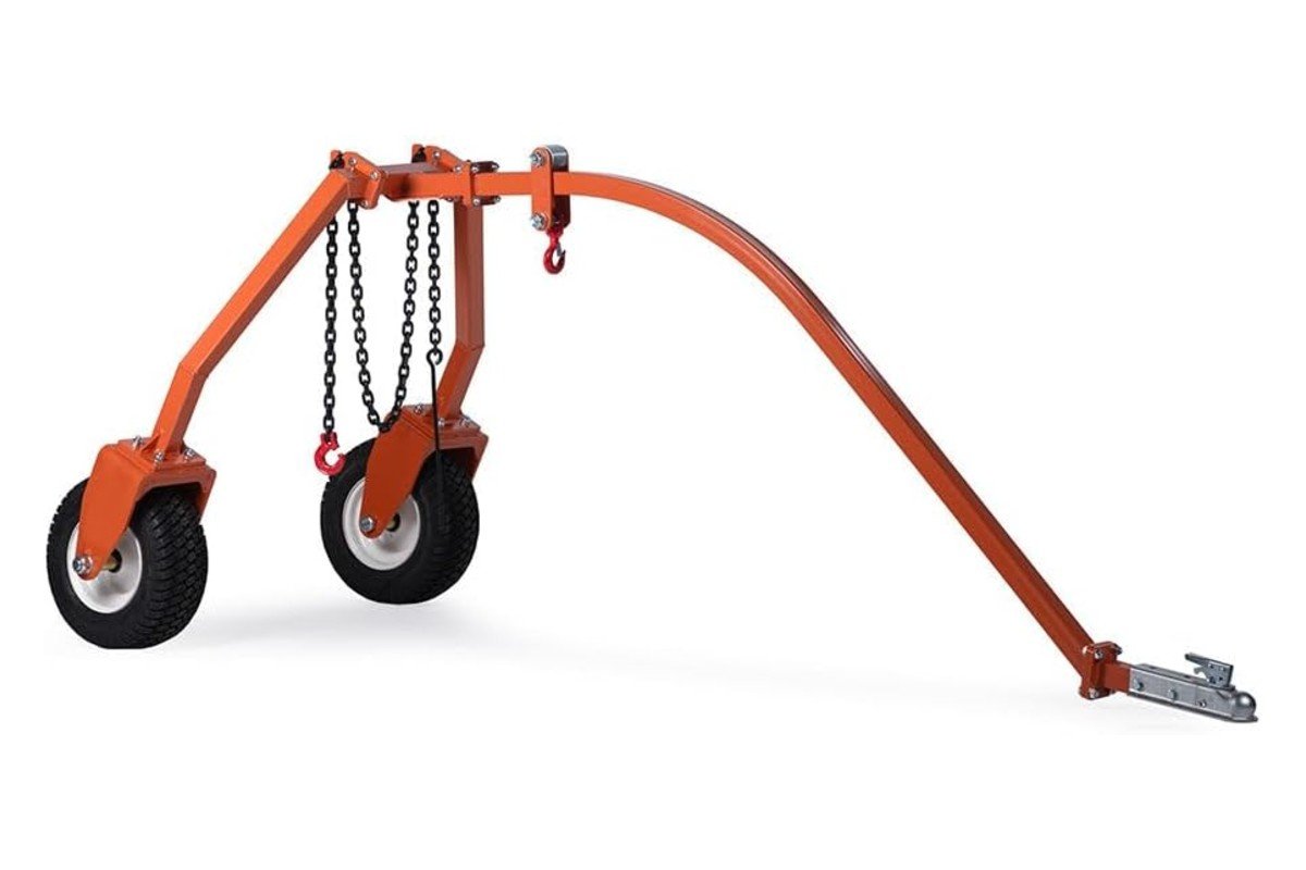 Titan Attachments towable log arch with its orange arch and two wheels