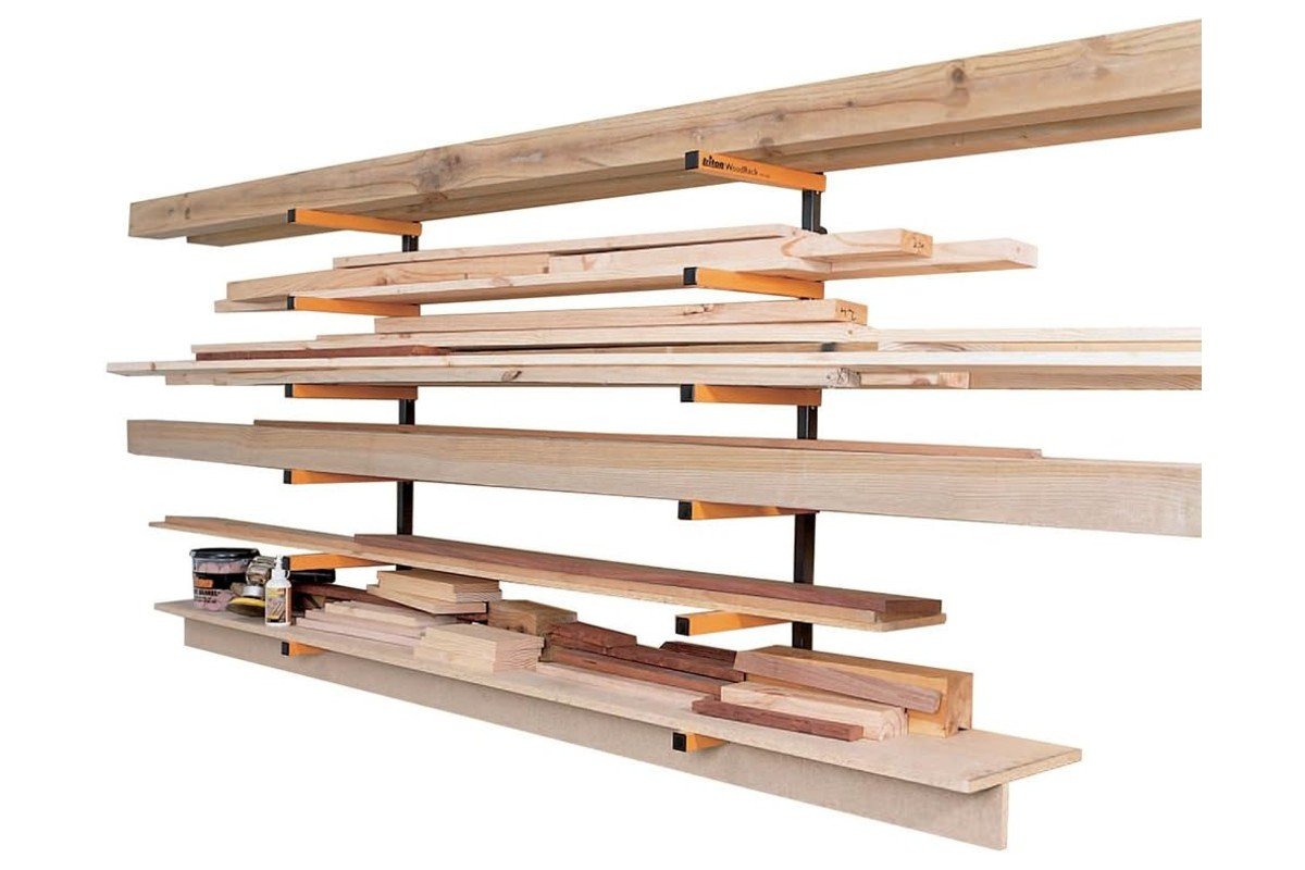 Triton WoodRack lumber storage system loaded with boards