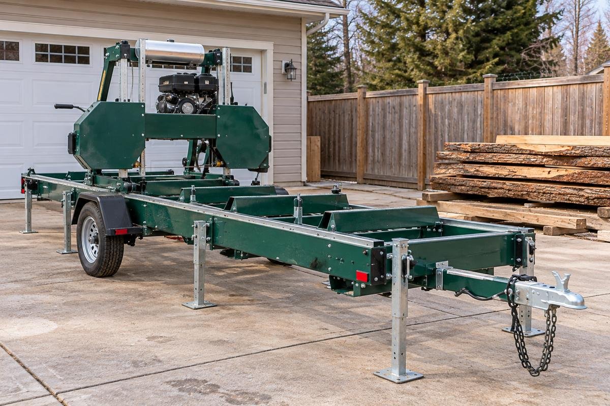 Used portable band sawmill on its trailer in a home driveway