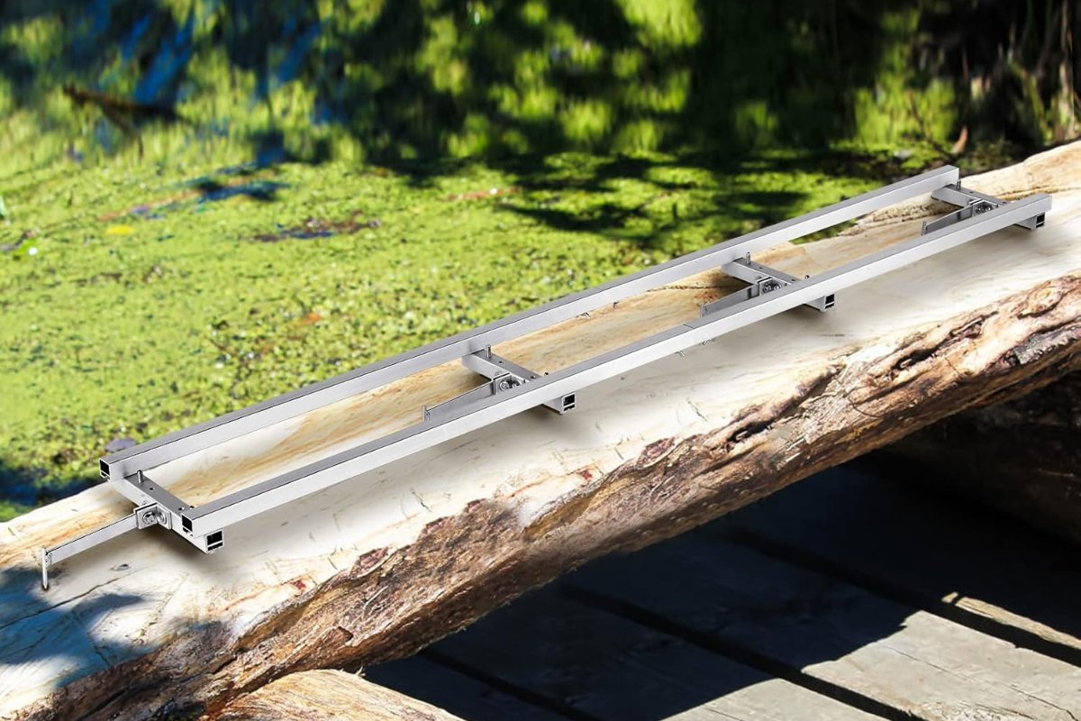 VEVOR rail mill guide system set on a log on a wooden deck