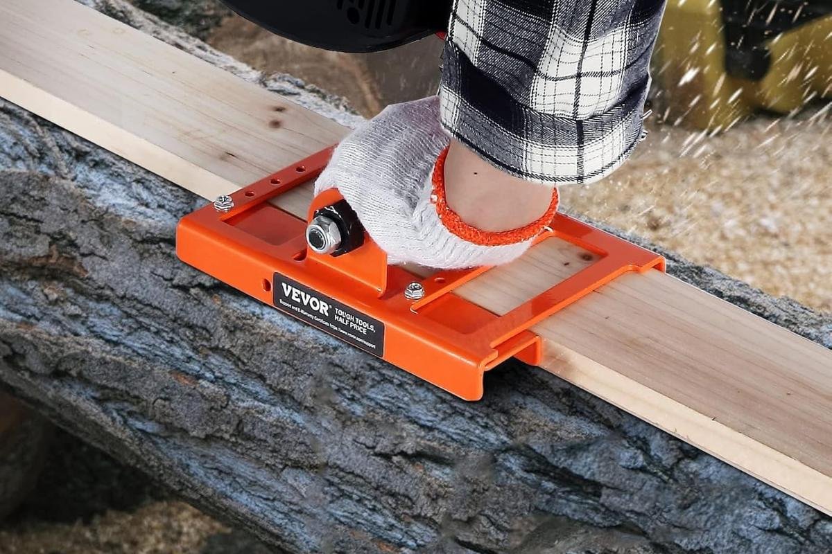 VEVOR vertical lumber cutting guide clamped to a board on a log