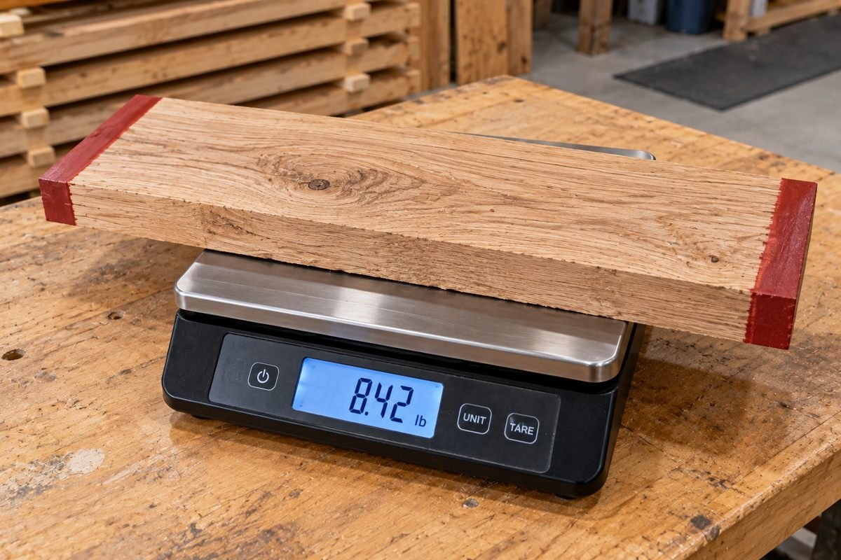 Oak sample board with sealed ends on a digital scale reading 8.42 lb