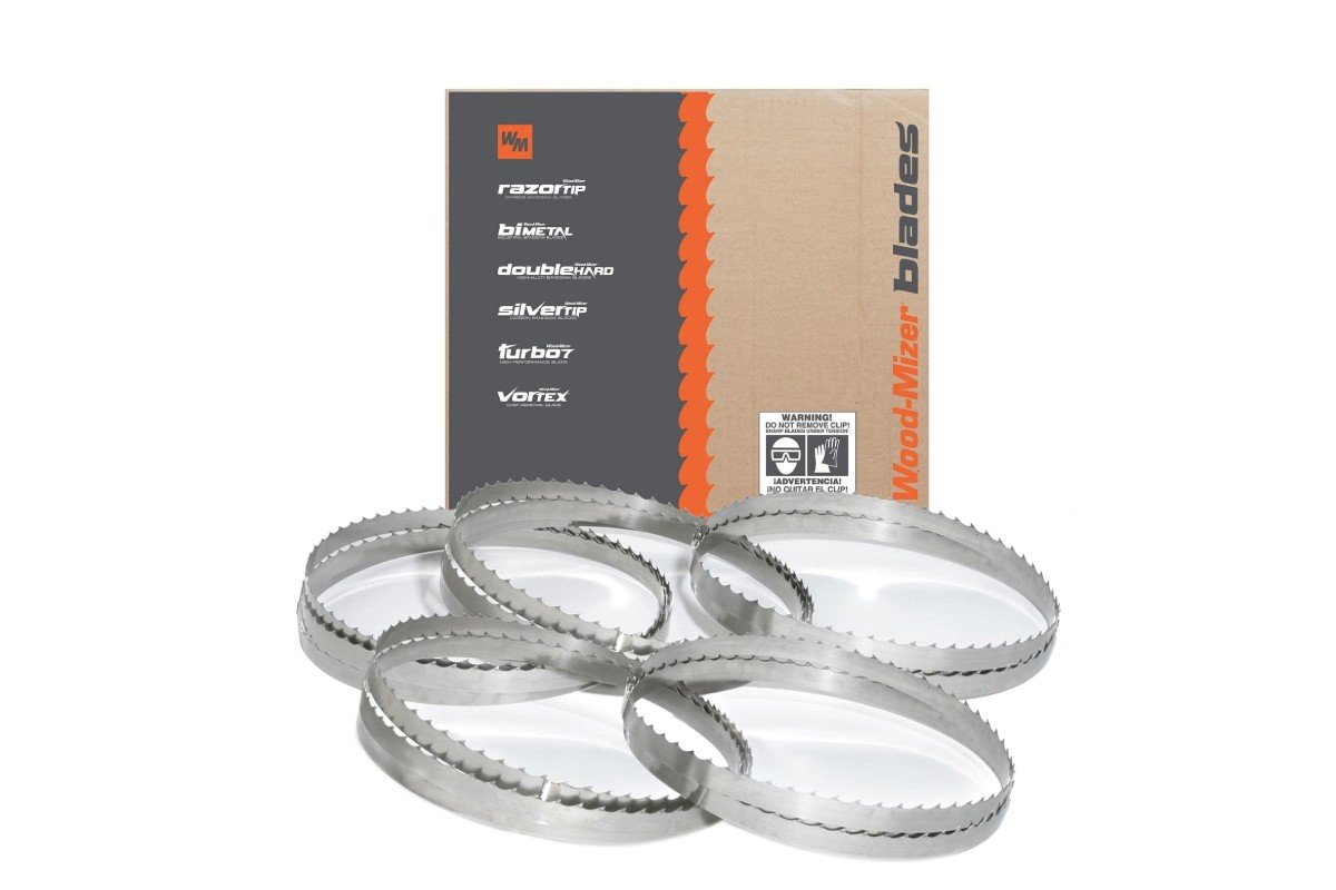 A 5-pack of Wood-Mizer DoubleHard sawmill blades with the coiled blades beside the box