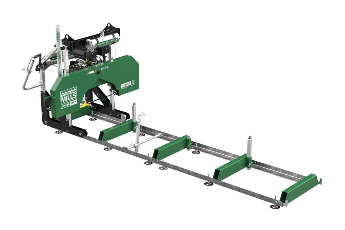 Woodland Mills HM126MAX portable sawmill on its track