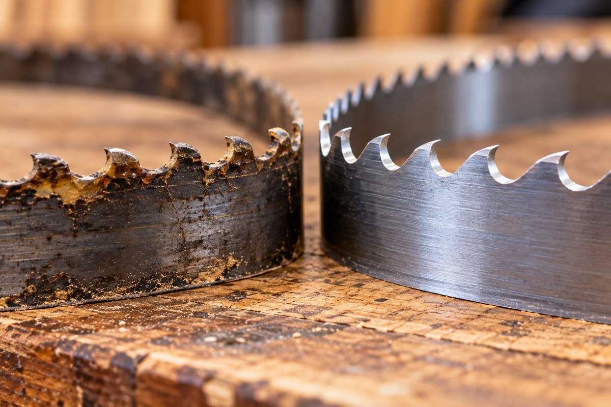 Worn, pitch-stained band sawmill blade next to a sharp new blade with clean teeth