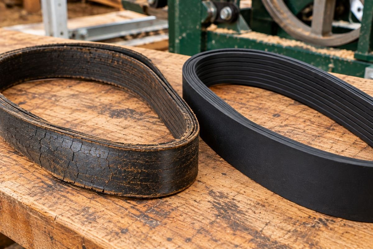 Cracked, worn bandwheel belt next to a new belt on a workbench