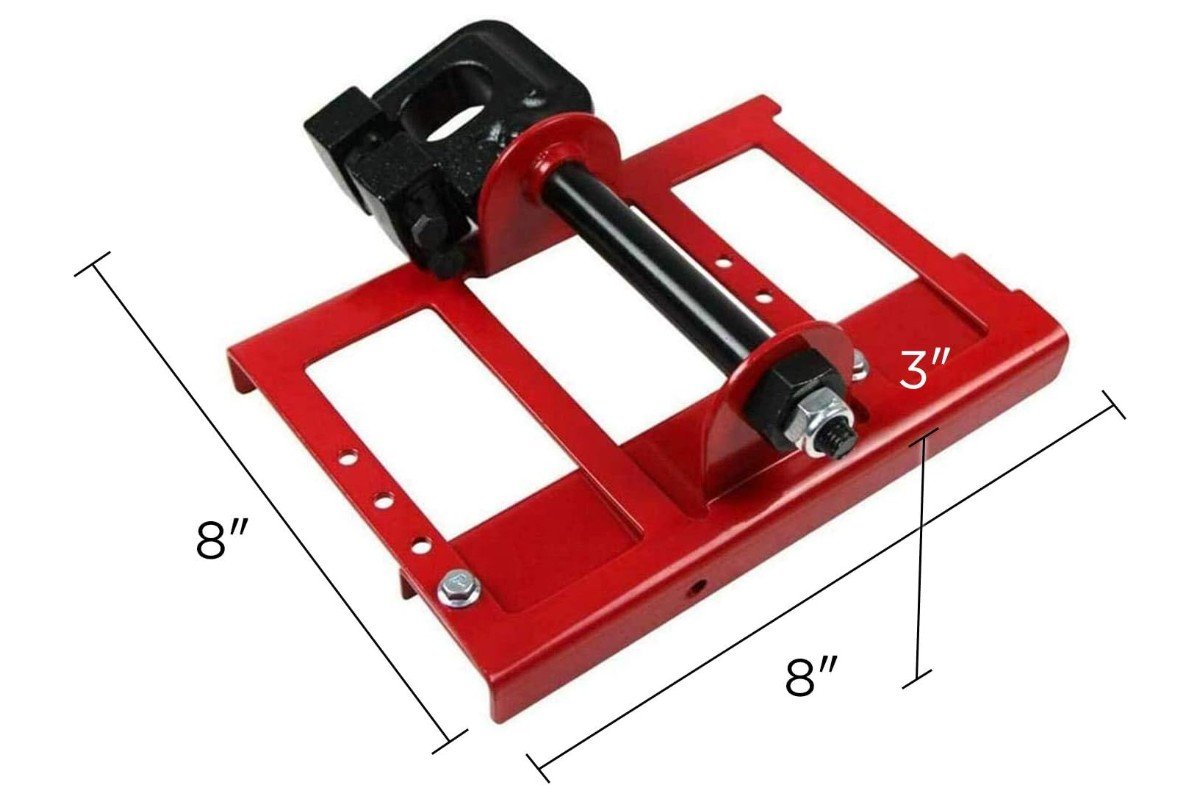 Red vertical chainsaw mill bracket with its 8 inch measurements marked