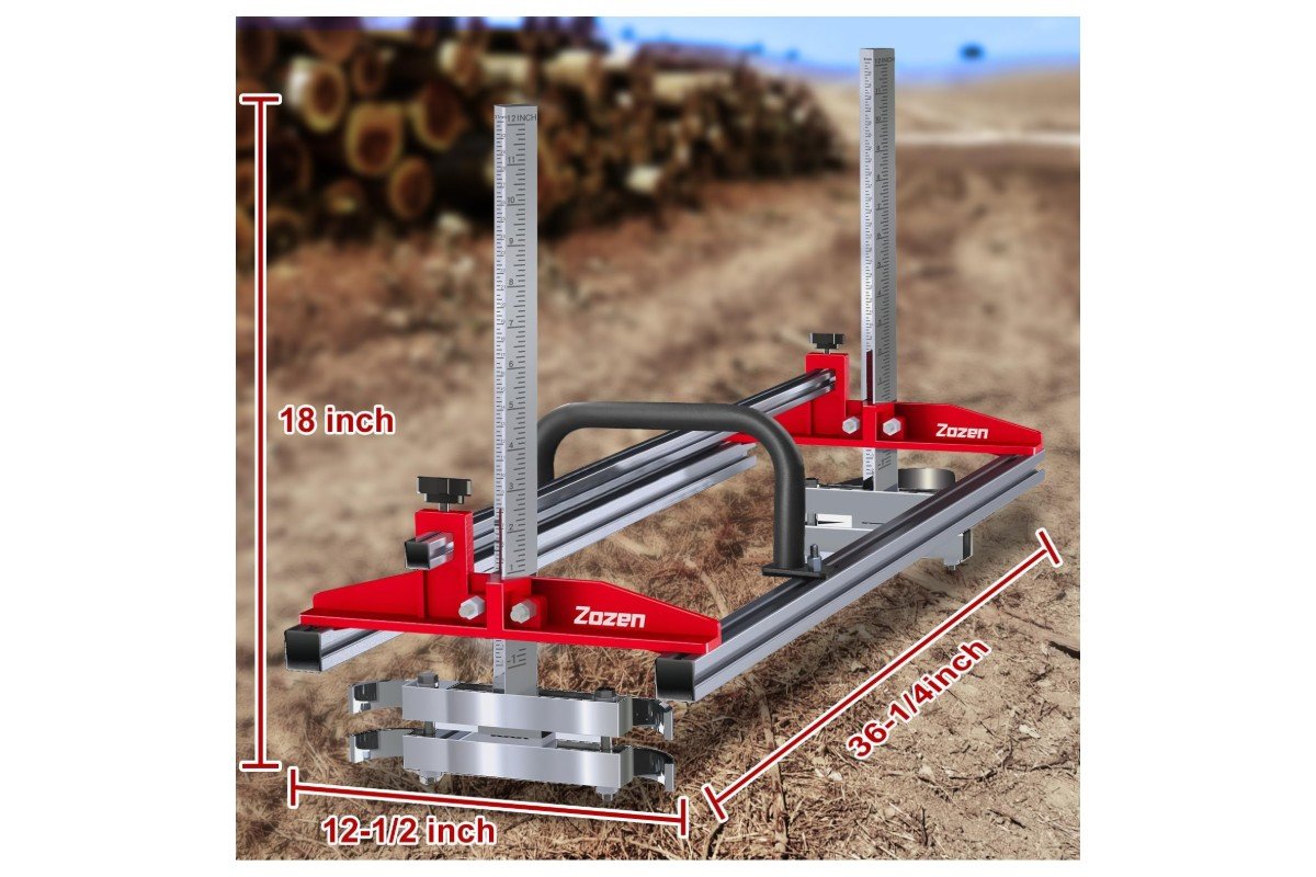 Zozen chainsaw mill on a log yard with its 18 inch post height and 36 inch length marked