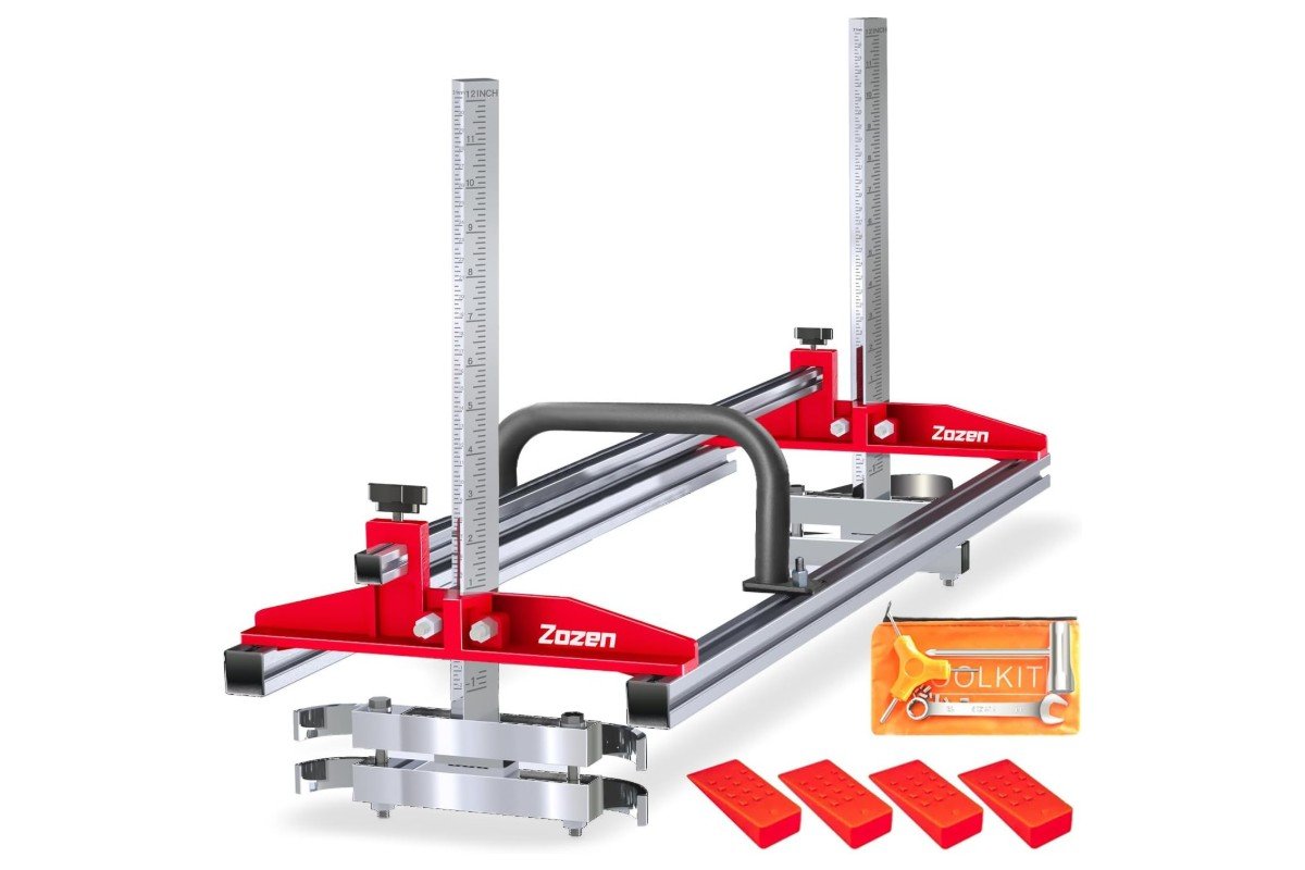 Zozen chainsaw mill with red end brackets, tool kit and plastic wedges